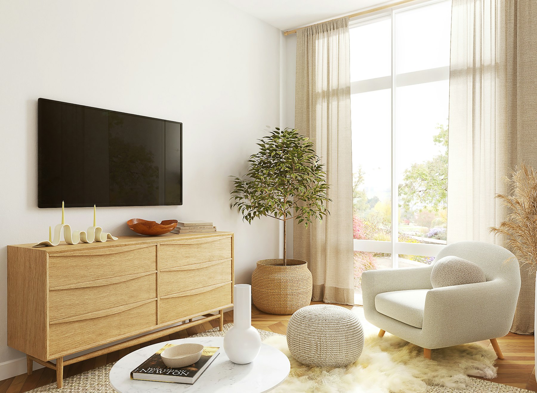 A bright living room with a wall-mounted television